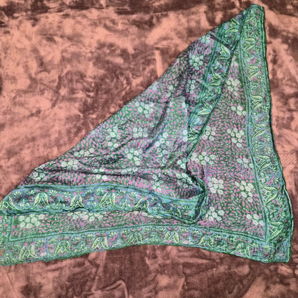 Vintage Silk Square Scarf Green Purple Floral Paisley Block Print 27x27 Thin - Picture 4 of 7